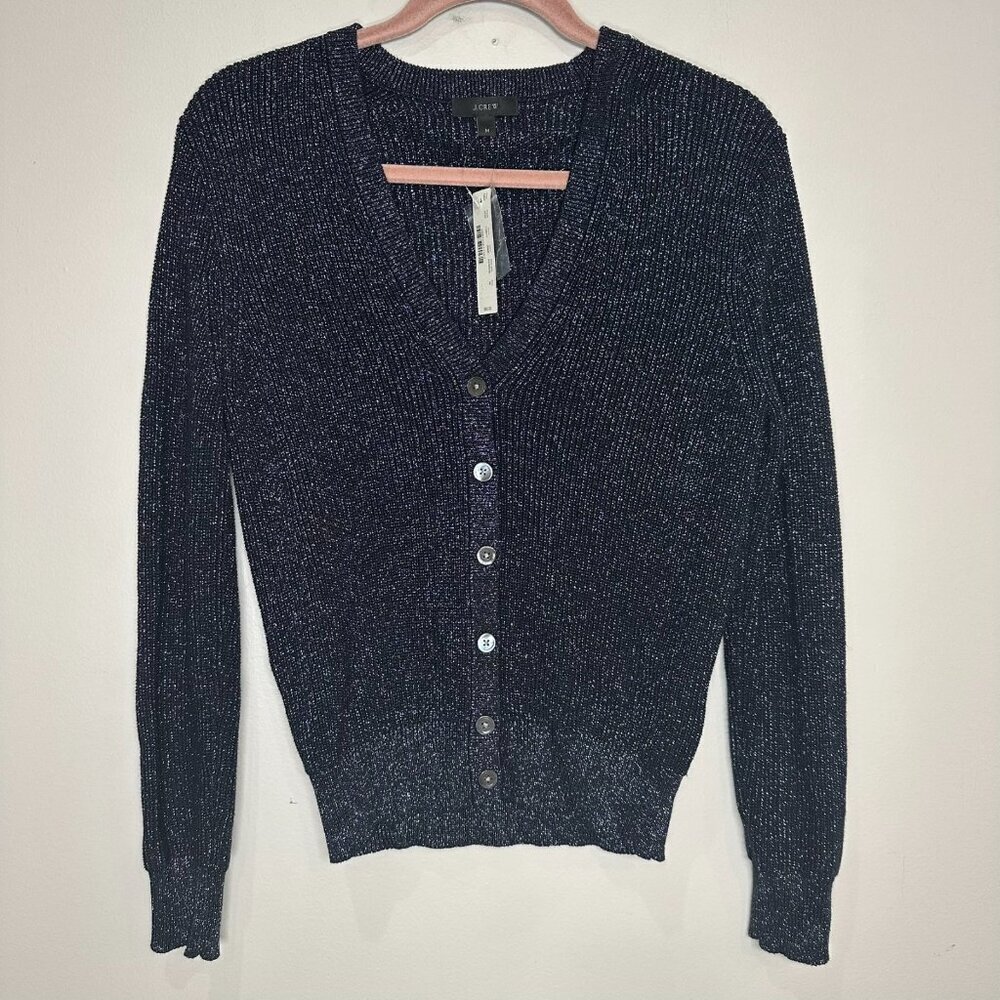 J. CREW Metallic Cardigan Sweater Top Size Medium Navy Silver Ribbed Knit NWT